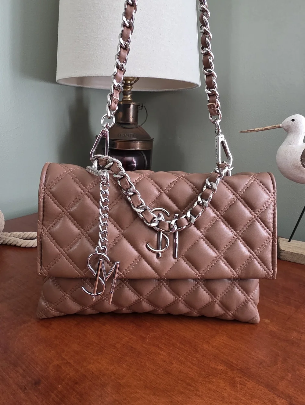 Steve Madden Quilted Chain Flap Crossbody Shoulder Bag Camel Taupe
